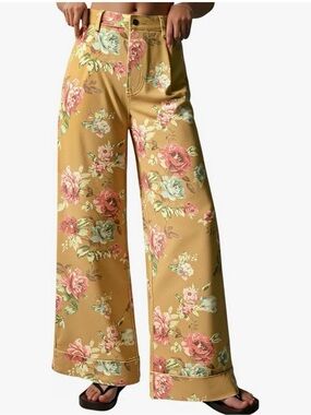 Wide Leg Floral Print Pants in Mustard